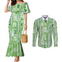 Green Hawaii Tapa Pattern Couples Matching Mermaid Dress and Long Sleeve Button Shirt With Heliconia Vintage Style