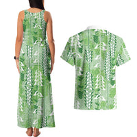 Green Hawaii Tapa Pattern Couples Matching Tank Maxi Dress and Hawaiian Shirt With Heliconia Vintage Style