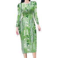 Green Hawaii Tapa Pattern Family Matching Long Sleeve Bodycon Dress and Hawaiian Shirt With Heliconia Vintage Style