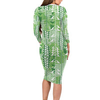 Green Hawaii Tapa Pattern Family Matching Long Sleeve Bodycon Dress and Hawaiian Shirt With Heliconia Vintage Style