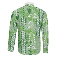 Green Hawaii Tapa Pattern Family Matching Off The Shoulder Long Sleeve Dress and Hawaiian Shirt With Heliconia Vintage Style