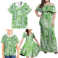 Green Hawaii Tapa Pattern Family Matching Off Shoulder Maxi Dress and Hawaiian Shirt With Heliconia Vintage Style