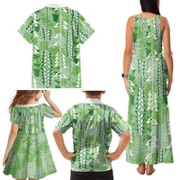 Green Hawaii Tapa Pattern Family Matching Tank Maxi Dress and Hawaiian Shirt With Heliconia Vintage Style