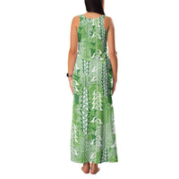 Green Hawaii Tapa Pattern Family Matching Tank Maxi Dress and Hawaiian Shirt With Heliconia Vintage Style