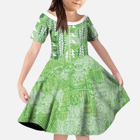 Green Hawaii Tapa Pattern Kid Short Sleeve Dress With Heliconia Vintage Style LT05 KID Green - Polynesian Pride