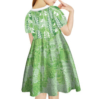 Green Hawaii Tapa Pattern Kid Short Sleeve Dress With Heliconia Vintage Style LT05 - Polynesian Pride