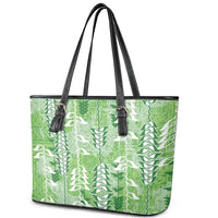 Green Hawaii Tapa Pattern Leather Tote Bag With Heliconia Vintage Style