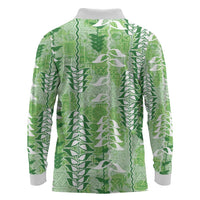 Green Hawaii Tapa Pattern Long Sleeve Polo Shirt With Heliconia Vintage Style