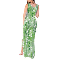 Green Hawaii Tapa Pattern Tank Maxi Dress With Heliconia Vintage Style