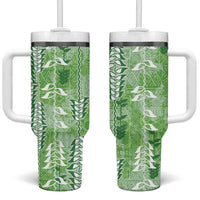Green Hawaii Tapa Pattern Tumbler With Handle With Heliconia Vintage Style