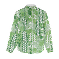 Green Hawaii Tapa Pattern Women Casual Shirt With Heliconia Vintage Style