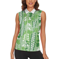 Green Hawaii Tapa Pattern Women Sleeveless Polo Shirt With Heliconia Vintage Style