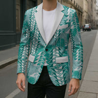 Teal Hawaii Tapa Pattern Blazer With Heliconia Vintage Style
