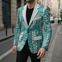 Teal Hawaii Tapa Pattern Blazer With Heliconia Vintage Style
