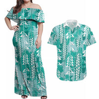 Teal Hawaii Tapa Pattern Couples Matching Off Shoulder Maxi Dress and Hawaiian Shirt With Heliconia Vintage Style