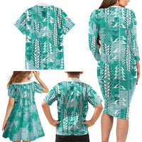 Teal Hawaii Tapa Pattern Family Matching Long Sleeve Bodycon Dress and Hawaiian Shirt With Heliconia Vintage Style