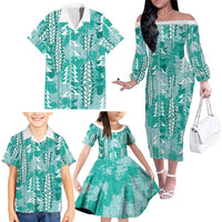 Teal Hawaii Tapa Pattern Family Matching Off The Shoulder Long Sleeve Dress and Hawaiian Shirt With Heliconia Vintage Style