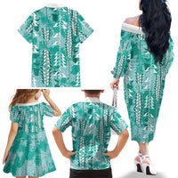 Teal Hawaii Tapa Pattern Family Matching Off The Shoulder Long Sleeve Dress and Hawaiian Shirt With Heliconia Vintage Style