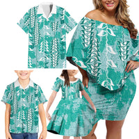Teal Hawaii Tapa Pattern Family Matching Off Shoulder Short Dress and Hawaiian Shirt With Heliconia Vintage Style