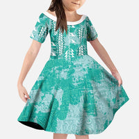 Teal Hawaii Tapa Pattern Family Matching Puletasi and Hawaiian Shirt With Heliconia Vintage Style LT05 Daughter's Dress Teal - Polynesian Pride