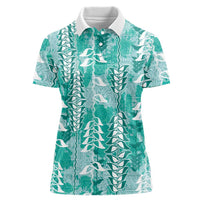 Teal Hawaii Tapa Pattern Women Polo Shirt With Heliconia Vintage Style LT05 Female Teal - Polynesian Pride