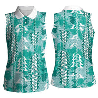 Teal Hawaii Tapa Pattern Women Sleeveless Polo Shirt With Heliconia Vintage Style