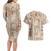 Beige Hawaii Tapa Pattern Couples Matching Long Sleeve Bodycon Dress and Hawaiian Shirt With Heliconia Vintage Style LT05 - Polynesian Pride