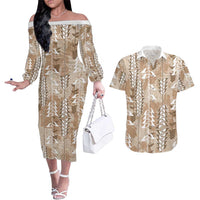 Beige Hawaii Tapa Pattern Couples Matching Off The Shoulder Long Sleeve Dress and Hawaiian Shirt With Heliconia Vintage Style LT05 Beige - Polynesian Pride