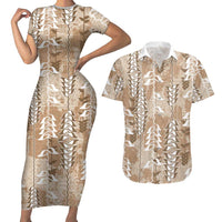 Beige Hawaii Tapa Pattern Couples Matching Short Sleeve Bodycon Dress and Hawaiian Shirt With Heliconia Vintage Style LT05 Beige - Polynesian Pride