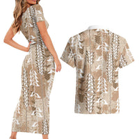 Beige Hawaii Tapa Pattern Couples Matching Short Sleeve Bodycon Dress and Hawaiian Shirt With Heliconia Vintage Style LT05 - Polynesian Pride