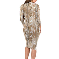 Beige Hawaii Tapa Pattern Family Matching Long Sleeve Bodycon Dress and Hawaiian Shirt With Heliconia Vintage Style