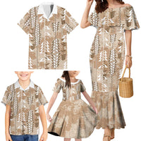 Beige Hawaii Tapa Pattern Family Matching Mermaid Dress and Hawaiian Shirt With Heliconia Vintage Style