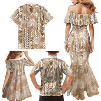Beige Hawaii Tapa Pattern Family Matching Mermaid Dress and Hawaiian Shirt With Heliconia Vintage Style