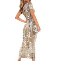 Beige Hawaii Tapa Pattern Family Matching Short Sleeve Bodycon Dress and Hawaiian Shirt With Heliconia Vintage Style