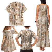 Beige Hawaii Tapa Pattern Family Matching Tank Maxi Dress and Hawaiian Shirt With Heliconia Vintage Style