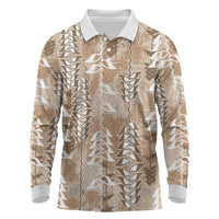 Beige Hawaii Tapa Pattern Long Sleeve Polo Shirt With Heliconia Vintage Style LT05 Beige - Polynesian Pride