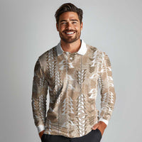 Beige Hawaii Tapa Pattern Long Sleeve Polo Shirt With Heliconia Vintage Style LT05 - Polynesian Pride