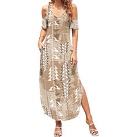 Beige Hawaii Tapa Pattern Summer Maxi Dress With Heliconia Vintage Style