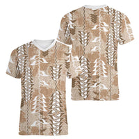 Beige Hawaii Tapa Pattern Women V-Neck T-Shirt With Heliconia Vintage Style LT05 - Polynesian Pride