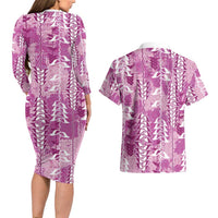 Magenta Hawaii Tapa Pattern Couples Matching Long Sleeve Bodycon Dress and Hawaiian Shirt With Heliconia Vintage Style