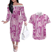 Magenta Hawaii Tapa Pattern Couples Matching Off The Shoulder Long Sleeve Dress and Hawaiian Shirt With Heliconia Vintage Style