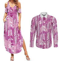 Magenta Hawaii Tapa Pattern Couples Matching Summer Maxi Dress and Long Sleeve Button Shirt With Heliconia Vintage Style LT05 Magenta - Polynesian Pride