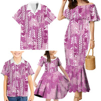 Magenta Hawaii Tapa Pattern Family Matching Mermaid Dress and Hawaiian Shirt With Heliconia Vintage Style