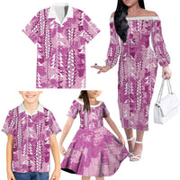 Magenta Hawaii Tapa Pattern Family Matching Off The Shoulder Long Sleeve Dress and Hawaiian Shirt With Heliconia Vintage Style