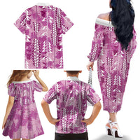 Magenta Hawaii Tapa Pattern Family Matching Off The Shoulder Long Sleeve Dress and Hawaiian Shirt With Heliconia Vintage Style