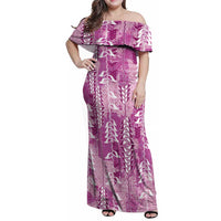 Magenta Hawaii Tapa Pattern Family Matching Off Shoulder Maxi Dress and Hawaiian Shirt With Heliconia Vintage Style