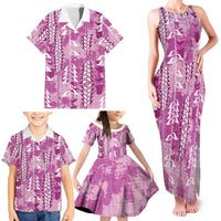 Magenta Hawaii Tapa Pattern Family Matching Tank Maxi Dress and Hawaiian Shirt With Heliconia Vintage Style