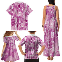 Magenta Hawaii Tapa Pattern Family Matching Tank Maxi Dress and Hawaiian Shirt With Heliconia Vintage Style