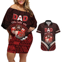 Personalised Tonga Happy Father's Day Couples Matching Off Shoulder Short Dress and Hawaiian Shirt Ofa Lahi Atu Dad Polynesian Tribal LT05 Red - Polynesian Pride
