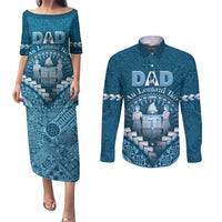 Personalised Fiji Happy Father's Day Couples Matching Puletasi and Long Sleeve Button Shirt Au Lomani Iko Dad Polynesian Tribal LT05 Blue - Polynesian Pride